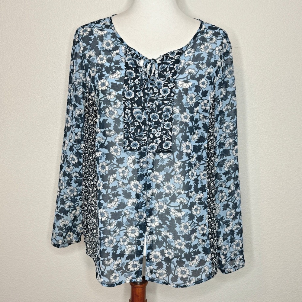 J. JILL Sheer Peasant Top LG PETITE Blue Floral LS Boho Cottage Core Bohemian
